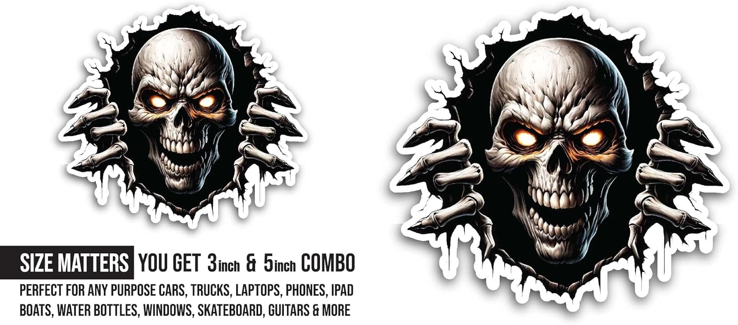 2 (Pieces) 3" and 5" Skull Ghost Sticker, Waterproof Vinyl Decals for Many Purpose Like Cars, Trucks, Laptops, Phones, Windows and More