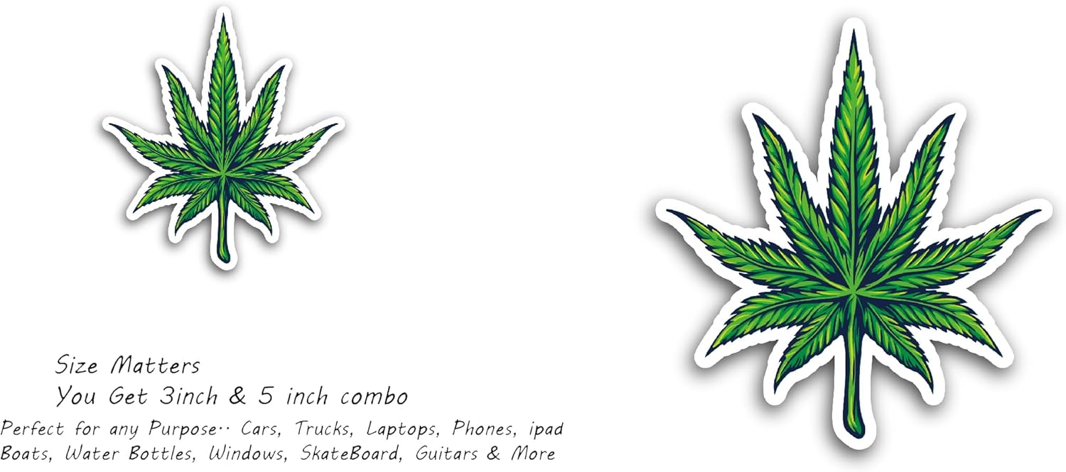 2 (Pieces) 3" and 5" Green Leaf Sticker, Waterproof Vinyl Decals for Many Purpose Like Cars, Trucks, Laptops, Phones, Windows and More