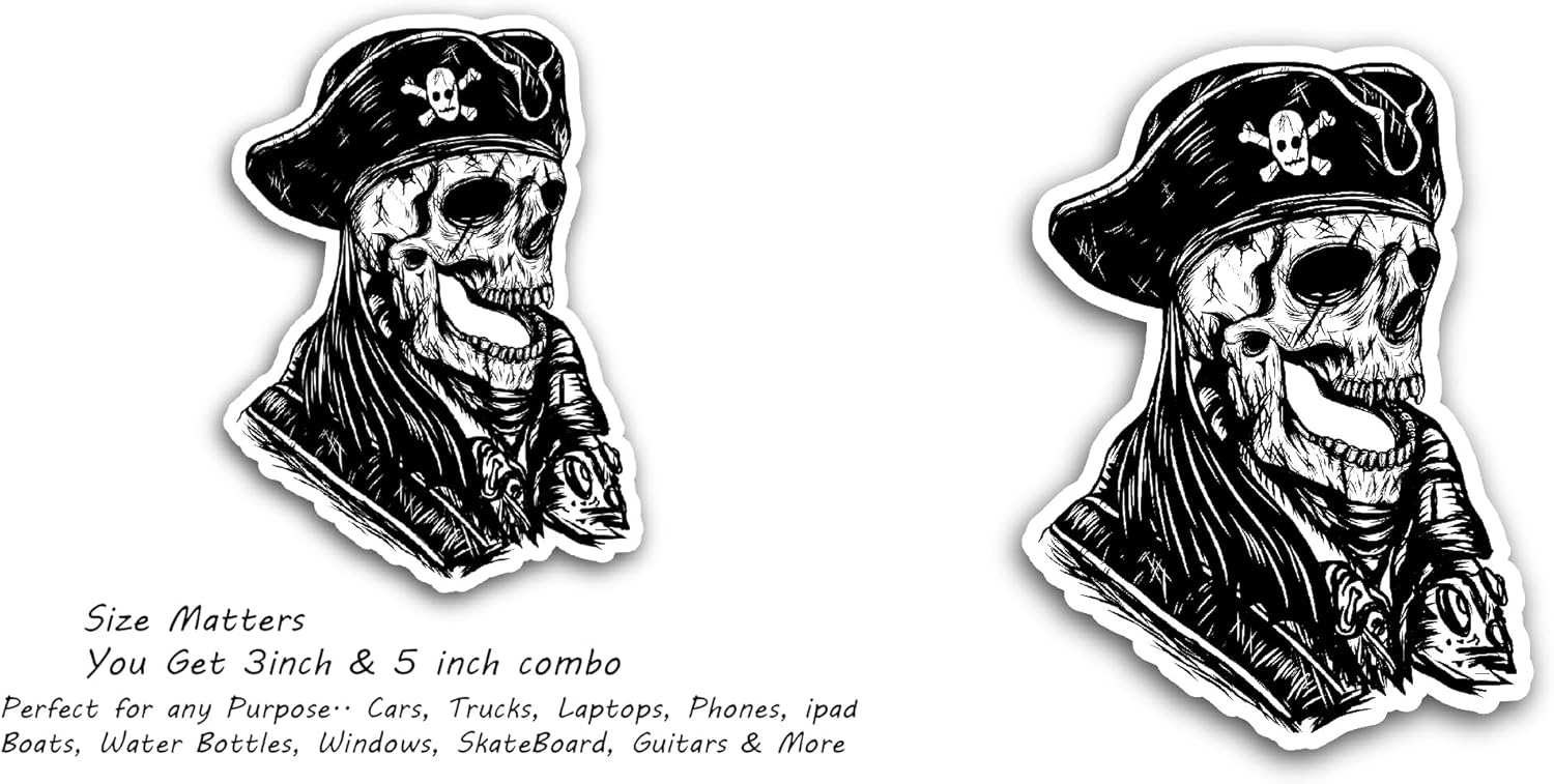 2 (Pieces) 3" and 5" Pirate Skull Hand Drawing Sticker, Waterproof Vinyl Decals for Many Purpose Like Cars, Trucks, Laptops, Phones, Windows and More