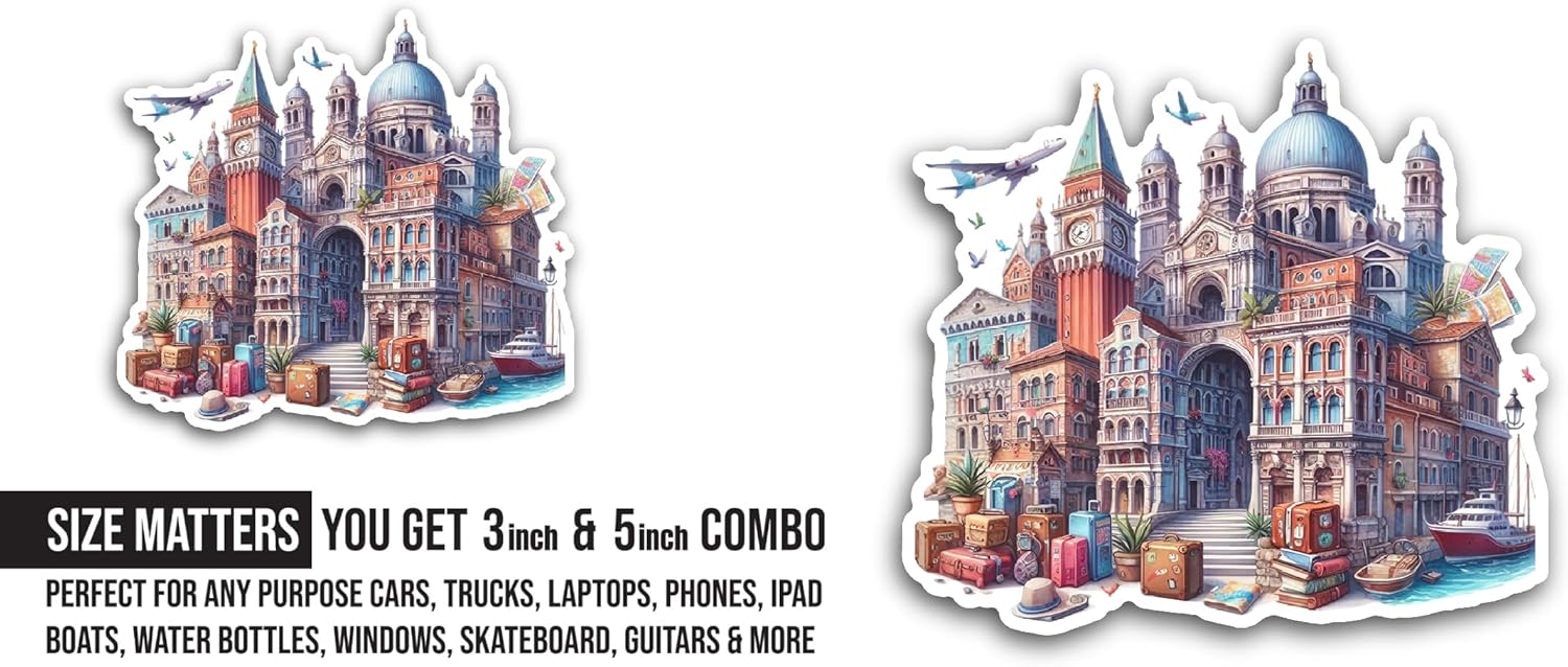 2 (Pieces) 3" and 5" Buildings in Venice Sticker, Waterproof Vinyl Decals for Many Purpose Like Cars, Trucks, Laptops, Phones, Windows and More