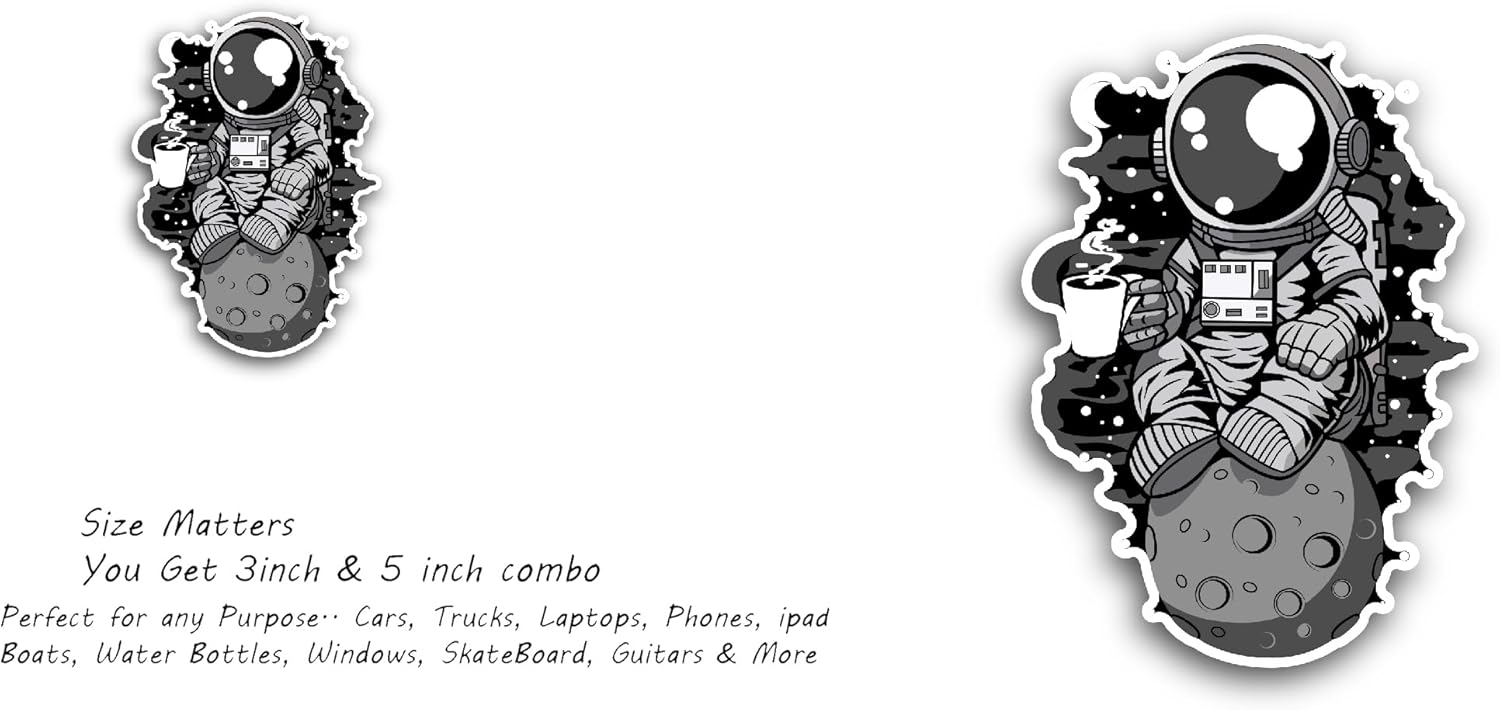 2 (Pieces) 3" and 5" Astronaut Drinking Coffee Sticker, Waterproof Vinyl Decals for Many Purpose Like Cars, Trucks, Laptops, Phones, Windows and More
