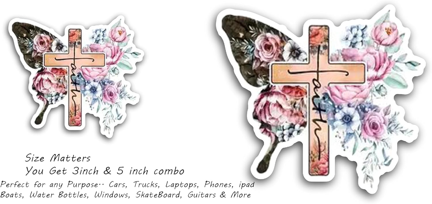 2 (Pieces) 3" and 5" Faith Message on Cross in Butterfly Shape Background Decal Sticker, Waterproof Vinyl Decals for Many Purpose Like Cars, Trucks, Laptops, Phones, Windows and More
