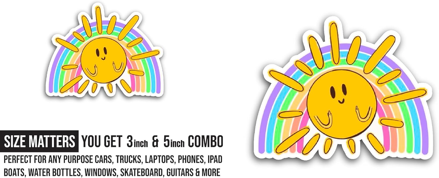 2 (Pieces) 3" and 5" Rainbow Sun Sticker, Waterproof Vinyl Decals for Many Purpose Like Cars, Trucks, Laptops, Phones, Windows and More