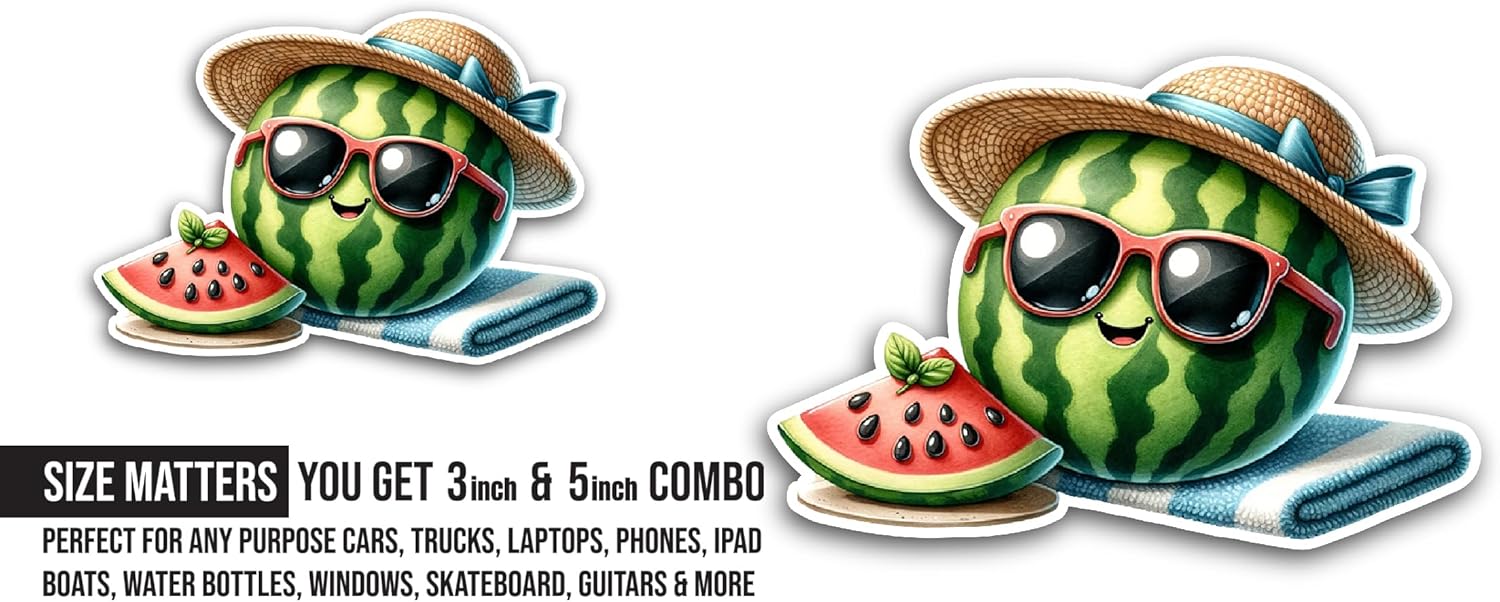 2 (Pieces) 3" and 5" Cute Watermelon Sticker, Waterproof Vinyl Decals for Many Purpose Like Cars, Trucks, Laptops, Phones, Windows and More
