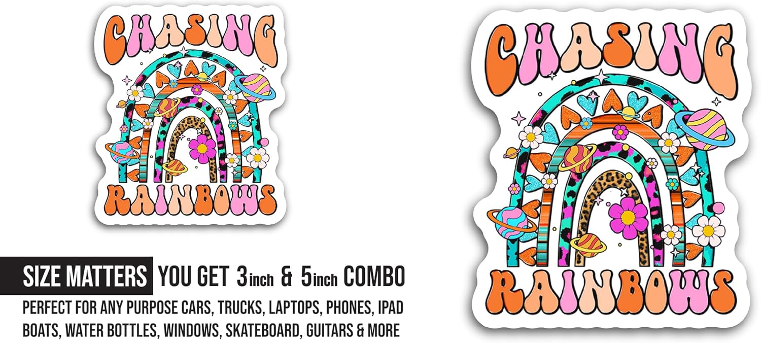 2 (Pieces) 3" and 5" Chasing Rainbows Sticker, Waterproof Vinyl Decals for Many Purpose Like Cars, Trucks, Laptops, Phones, Windows and More
