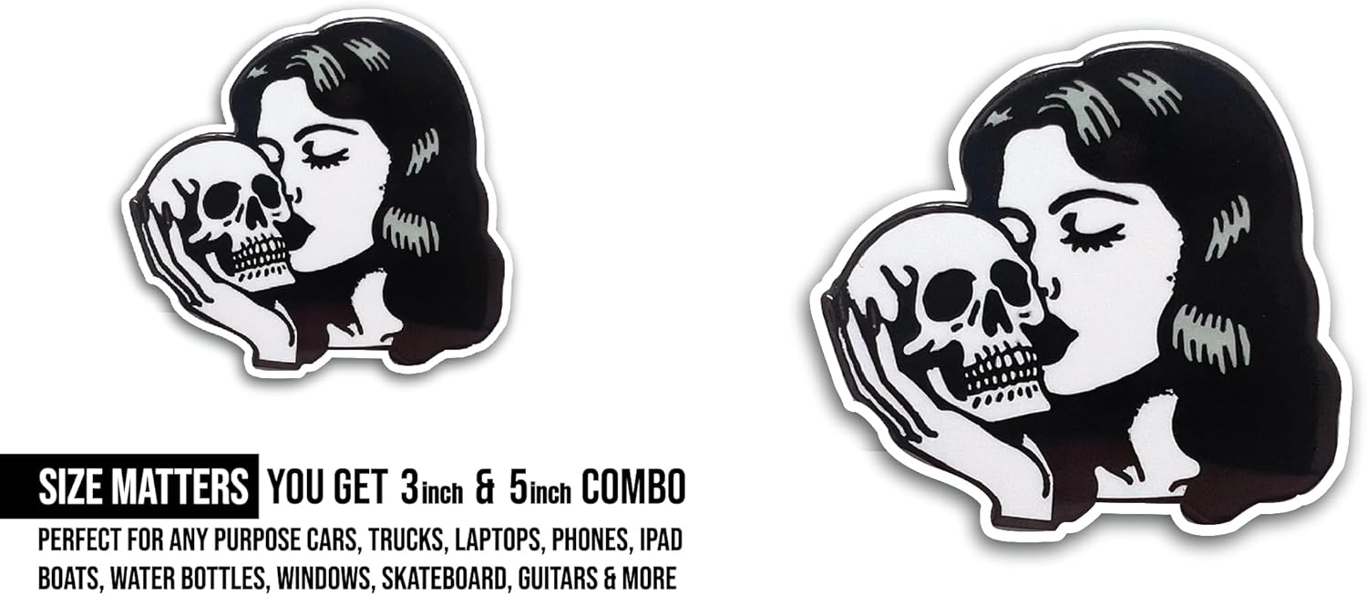 2 (Pieces) 3" and 5" Women with Skull Sticker, Waterproof Vinyl Decals for Many Purpose Like Cars, Trucks, Laptops, Phones, Windows and More