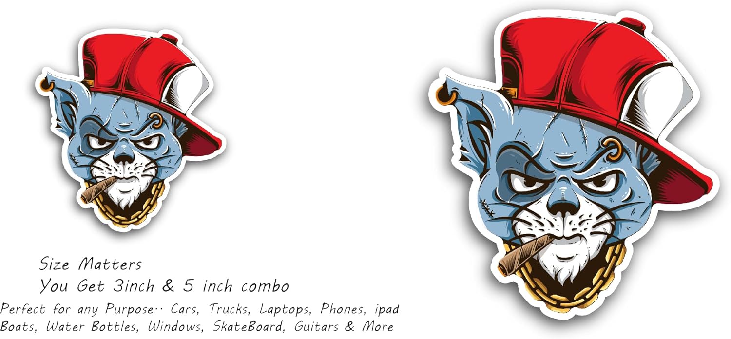 2 (Pieces) 3" and 5" Hip Hop Cat Sticker, Waterproof Vinyl Decals for Many Purpose Like Cars, Trucks, Laptops, Phones, Windows and More