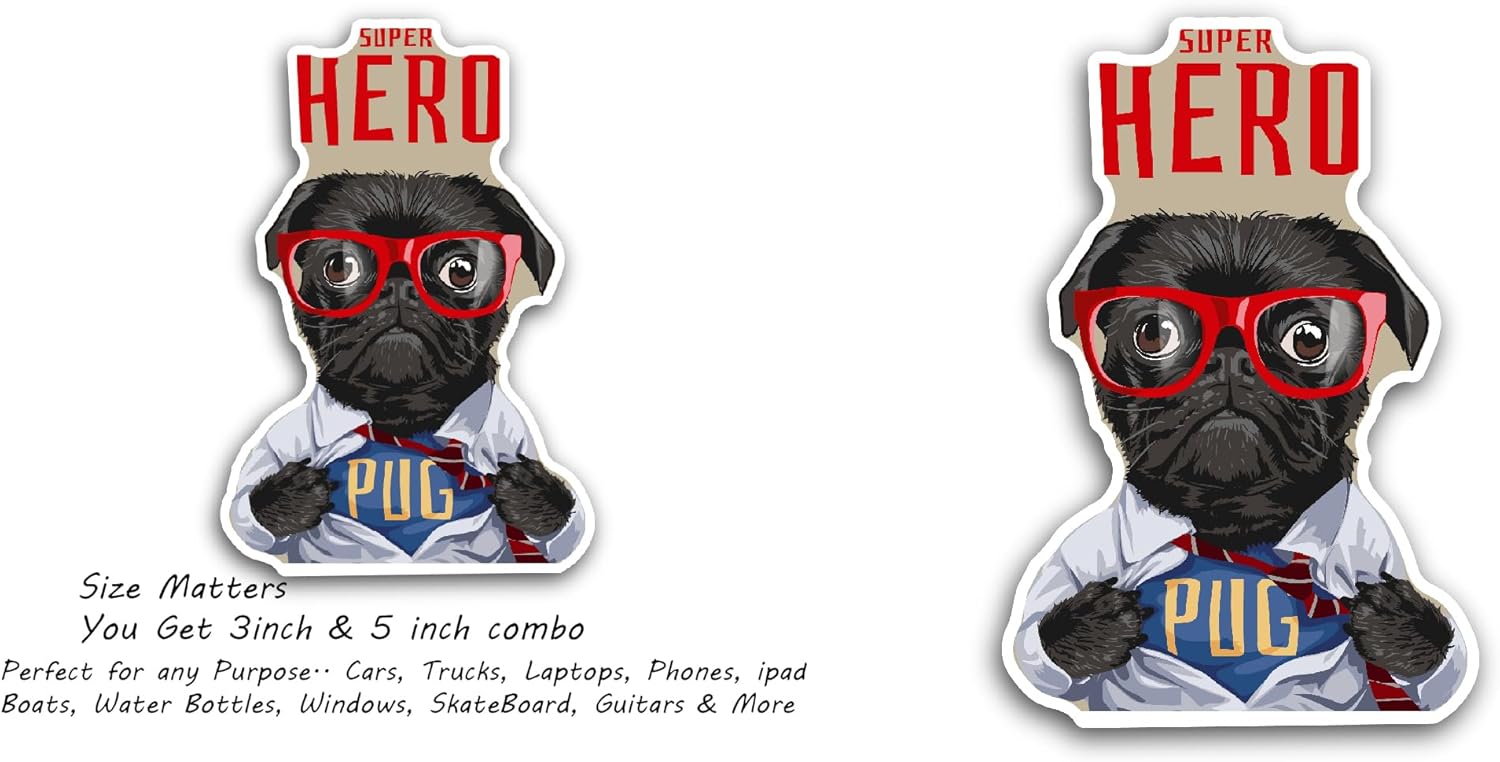 2 (Pieces) 3" and 5" Super Hero Pug Dog Sticker, Waterproof Vinyl Decals for Many Purpose Like Cars, Trucks, Laptops, Phones, Windows and More