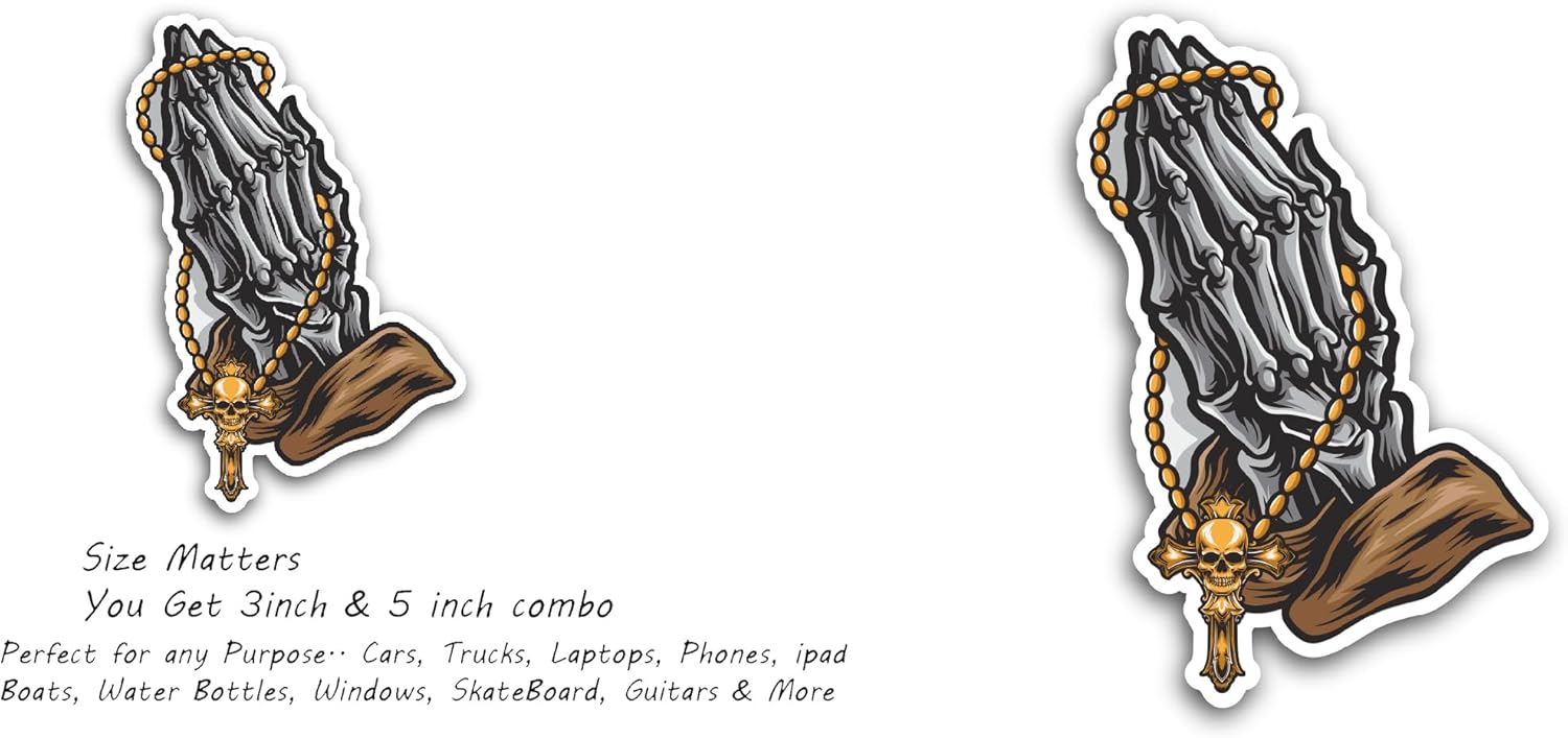 2 (Pieces) 3" and 5" Praying Hands Skull Decal Sticker, Waterproof Vinyl Decals for Many Purpose Like Cars, Trucks, Laptops, Phones, Windows and More