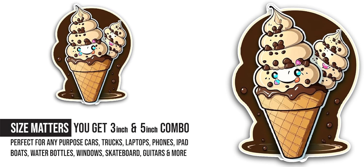 2 (Pieces) 3" and 5" Ice Cream Sticker, Waterproof Vinyl Decals for Many Purpose Like Cars, Trucks, Laptops, Phones, Windows and More