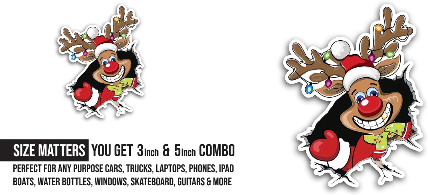 2 (Pieces) 3" and 5" Cute Reindeer Sticker, Waterproof Vinyl Decals for Many Purpose Like Cars, Trucks, Laptops, Phones, Windows and More