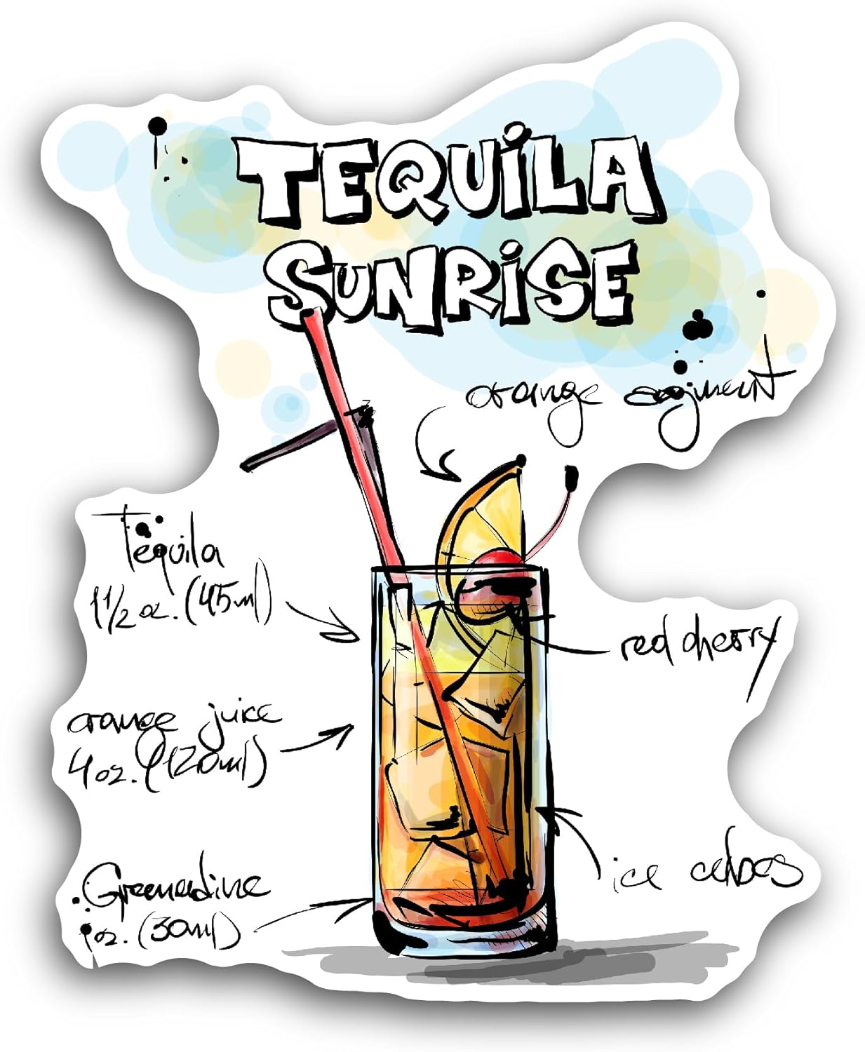 2 (Pieces) 3" and 5" Tequila Sunrise Recipe Sticker, Waterproof Vinyl Decals for Many Purpose Like Cars, Trucks, Laptops, Phones, Windows and More