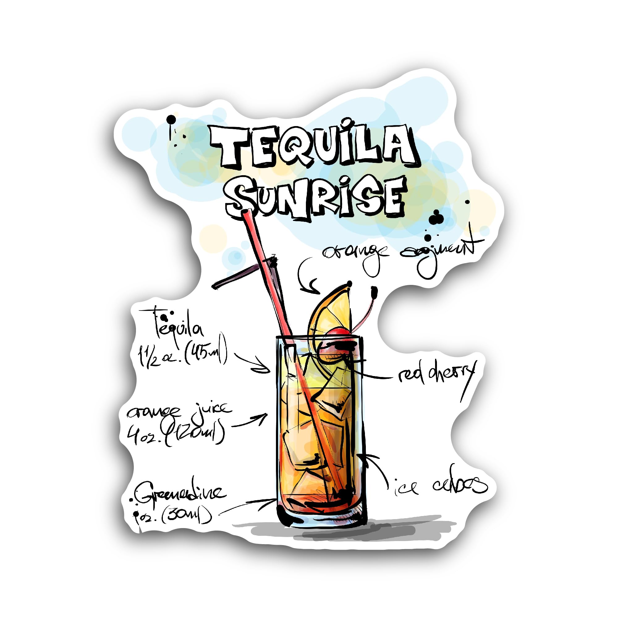 2 (Pieces) 3" and 5" Tequila Sunrise Recipe Sticker, Waterproof Vinyl Decals for Many Purpose Like C