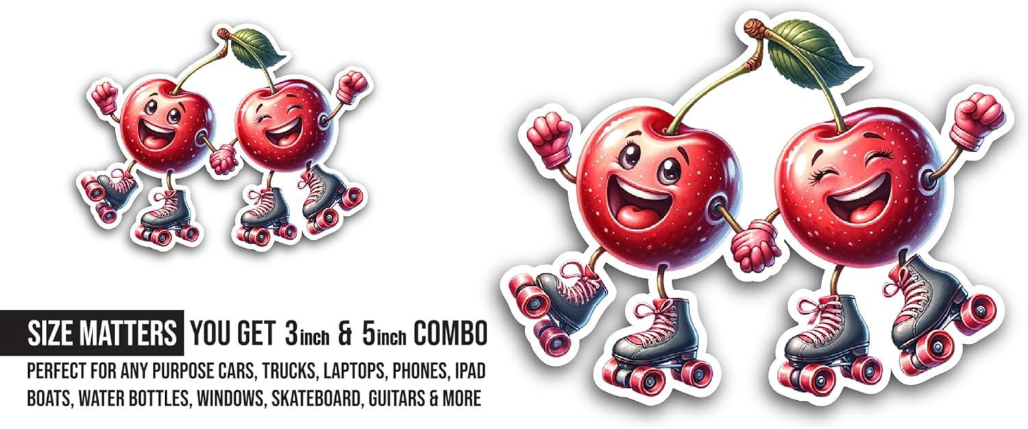 2 (Pieces) 3" and 5" Cute Cherry Sticker, Waterproof Vinyl Decals for Many Purpose Like Cars, Trucks, Laptops, Phones, Windows and More