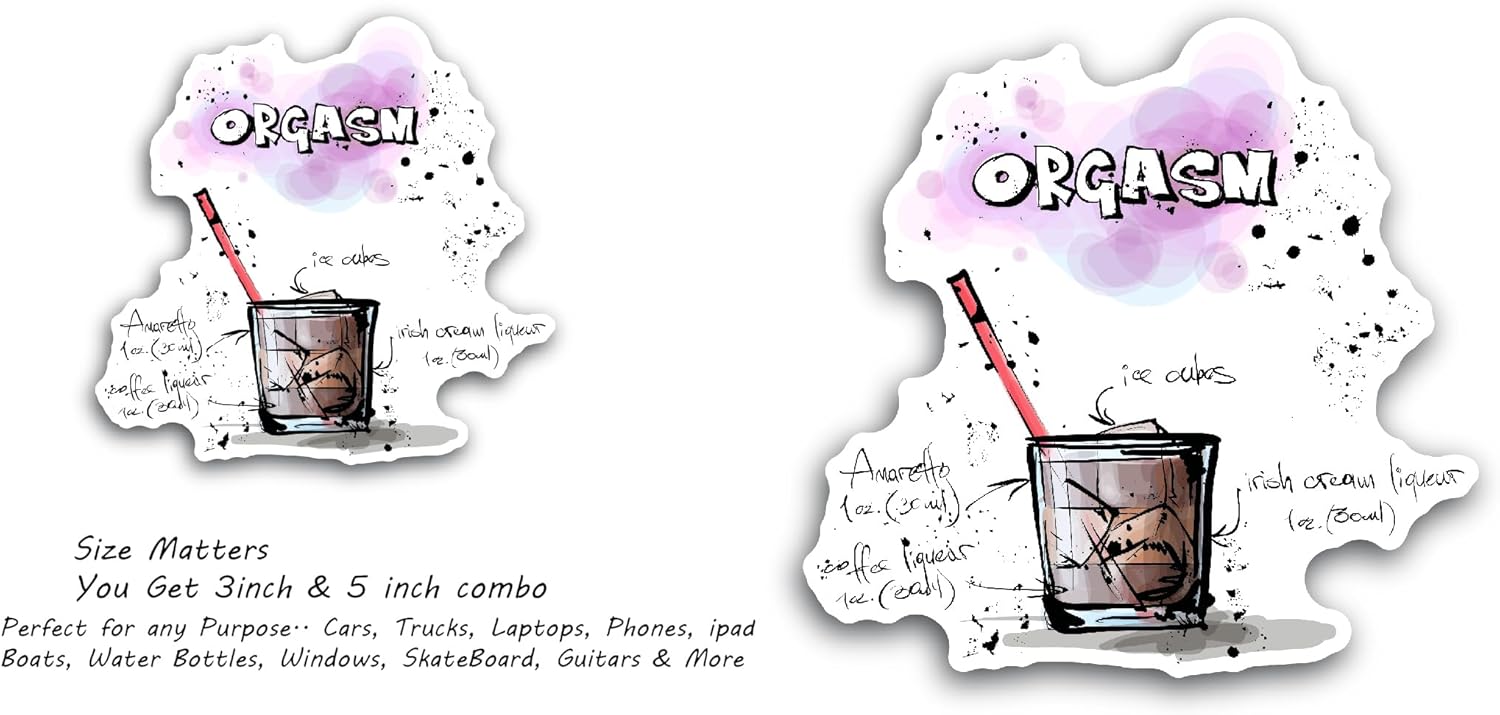 2 (Pieces) 3" and 5" Orgasm Cocktail Sticker, Waterproof Vinyl Decals for Many Purpose Like Cars, Trucks, Laptops, Phones, Windows and More