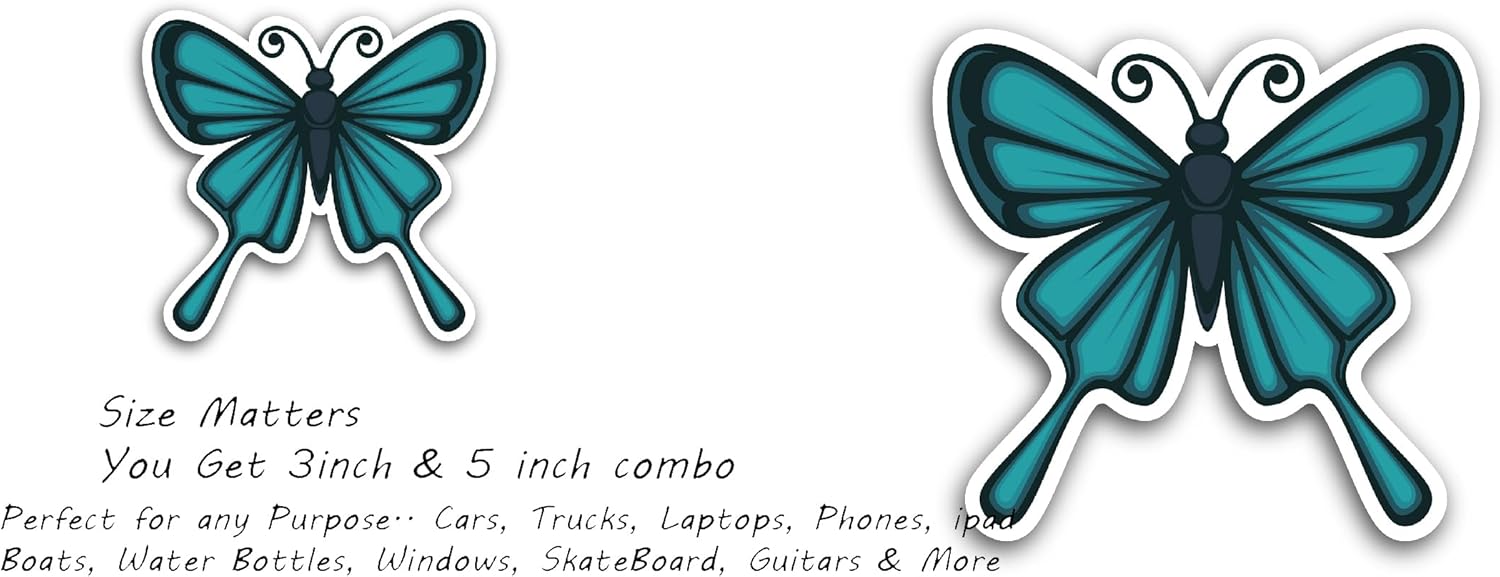 2 (Pieces) 3" and 5" Blue and Black Butterfly Sticker, Waterproof Vinyl Decals for Many Purpose Like Cars, Trucks, Laptops, Phones, Windows and More