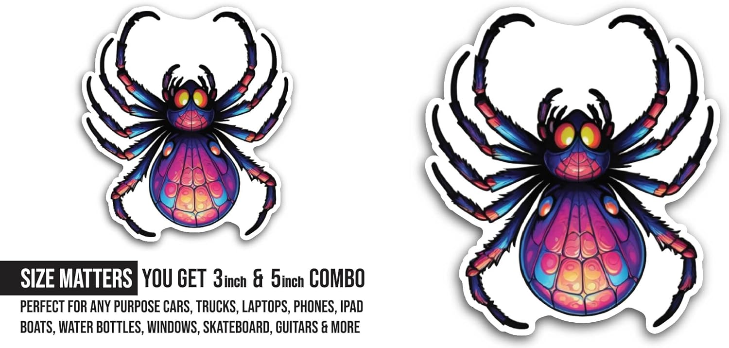 2 (Pieces) 3" and 5" Colorful Spider Closeup Sticker, Waterproof Vinyl Decals for Many Purpose Like Cars, Trucks, Laptops, Phones, Windows and More