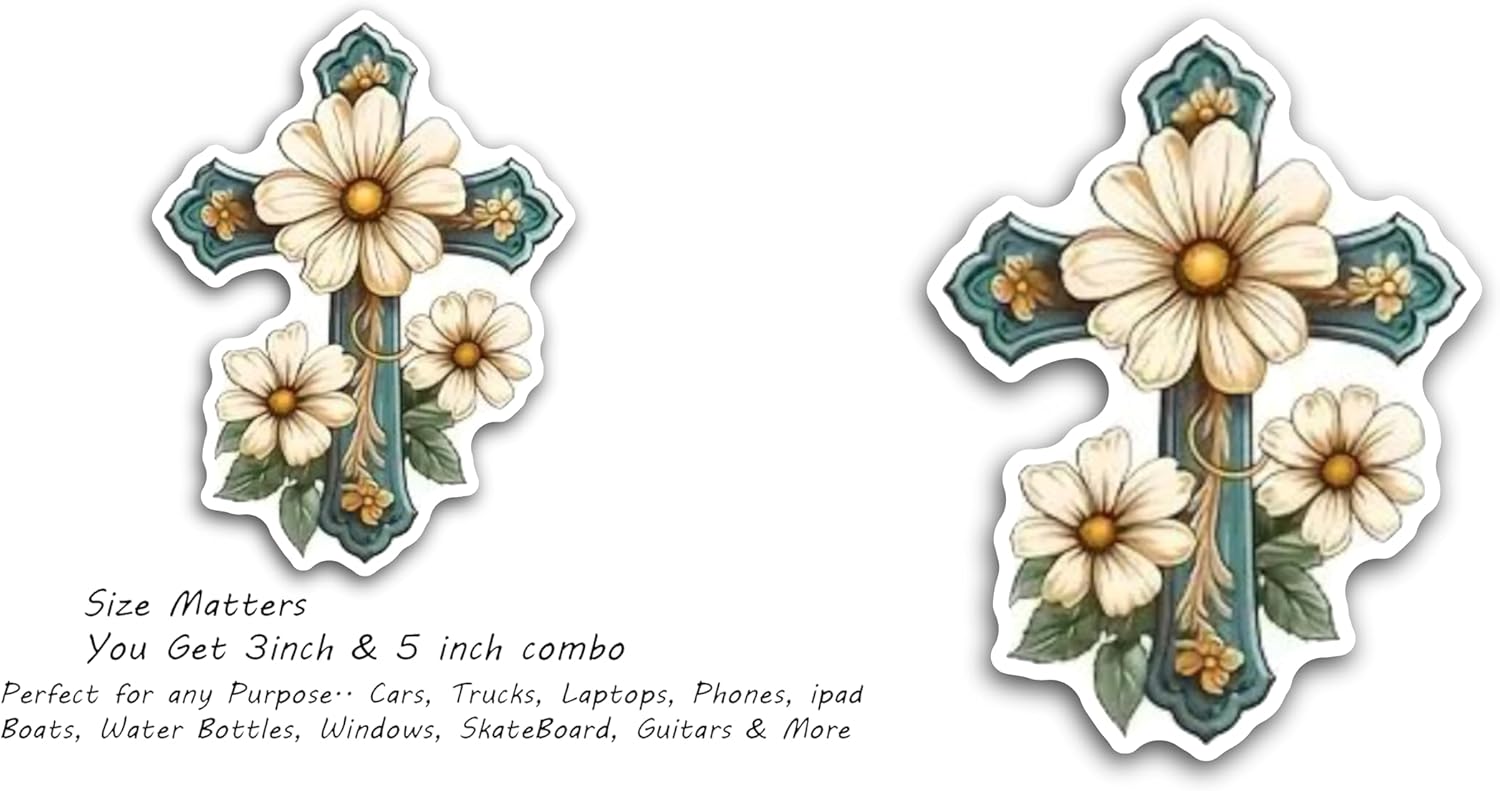 2 (Pieces) 3" and 5" Cross with Daisy Flowers Decal Sticker, Waterproof Vinyl Decals for Many Purpose Like Cars, Trucks, Laptops, Phones, Windows and More
