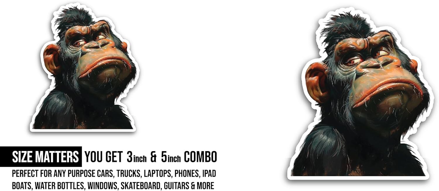 2 (Pieces) 3" and 5" Monkey Head Sticker, Waterproof Vinyl Decals for Many Purpose Like Cars, Trucks, Laptops, Phones, Windows and More