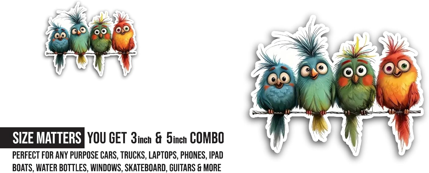 2 (Pieces) 3" and 5" Colorful Birds Sticker, Waterproof Vinyl Decals for Many Purpose Like Cars, Trucks, Laptops, Phones, Windows and More