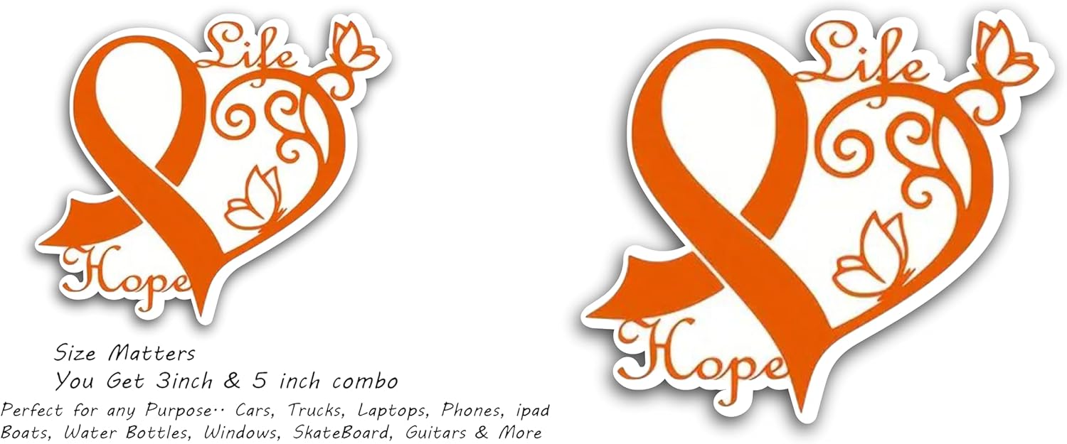 2 (Pieces) 3" and 5" Life Hope in Orange Color with Heart Decal Sticker, Waterproof Vinyl Decals for Many Purpose Like Cars, Trucks, Laptops, Phones, Windows and More