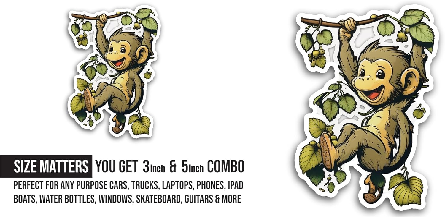 2 (Pieces) 3" and 5" Cute Monkey Sticker, Waterproof Vinyl Decals for Many Purpose Like Cars, Trucks, Laptops, Phones, Windows and More (Copy)