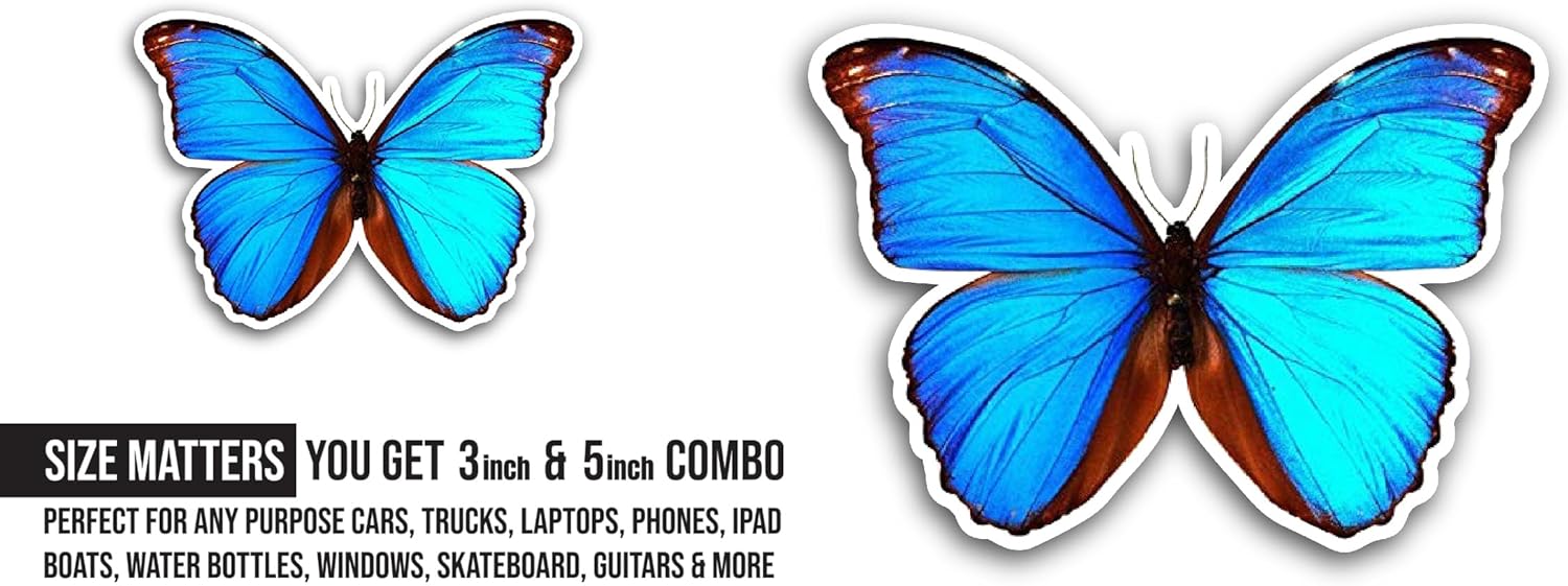 2 (Pieces) 3" and 5" Blue Morpho Tropical Butterfly Sticker, Waterproof Vinyl Decals for Many Purpose Like Cars, Trucks, Laptops, Phones, Windows and More