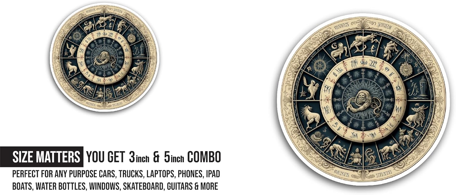 2 (Pieces) 3" and 5" Zodiac Signs Circle Sticker, Waterproof Vinyl Decals for Many Purpose Like Cars, Trucks, Laptops, Phones, Windows and More