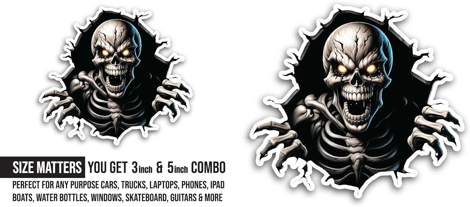 2 (Pieces) 3" and 5" Skary Skeleton Sticker, Waterproof Vinyl Decals for Many Purpose Like Cars, Trucks, Laptops, Phones, Windows and More