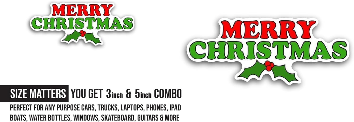 2 (Pieces) 3" and 5" Merry Christmas Lettering Sticker, Waterproof Vinyl Decals for Many Purpose Like Cars, Trucks, Laptops, Phones, Windows and More