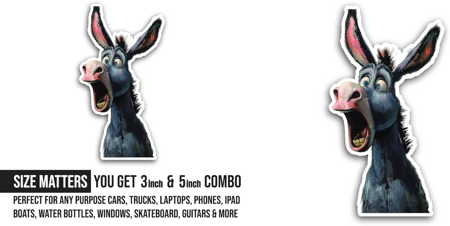 2 (Pieces) 3" and 5" Funny Donkey Sticker, Waterproof Vinyl Decals for Many Purpose Like Cars, Trucks, Laptops, Phones, Windows and More