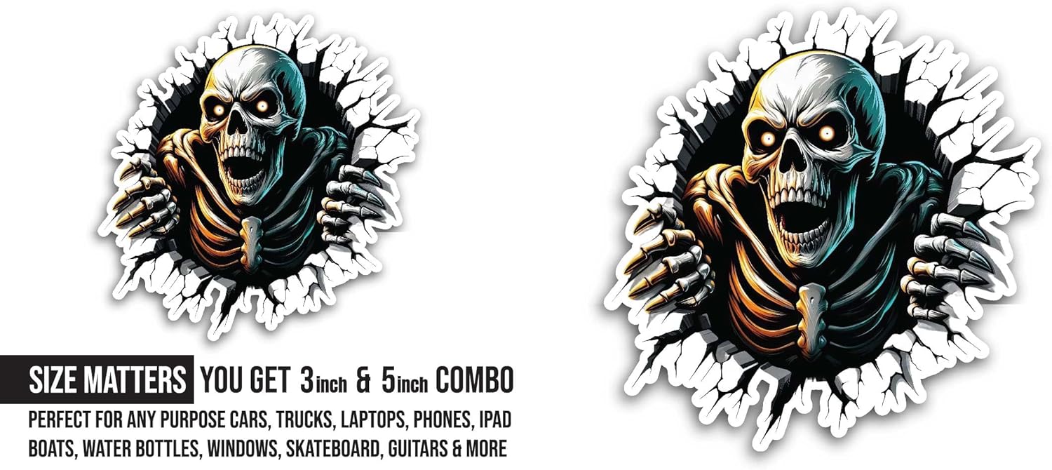 2 (Pieces) 3" and 5" Horror Skeleton Sticker, Waterproof Vinyl Decals for Many Purpose Like Cars, Trucks, Laptops, Phones, Windows and More