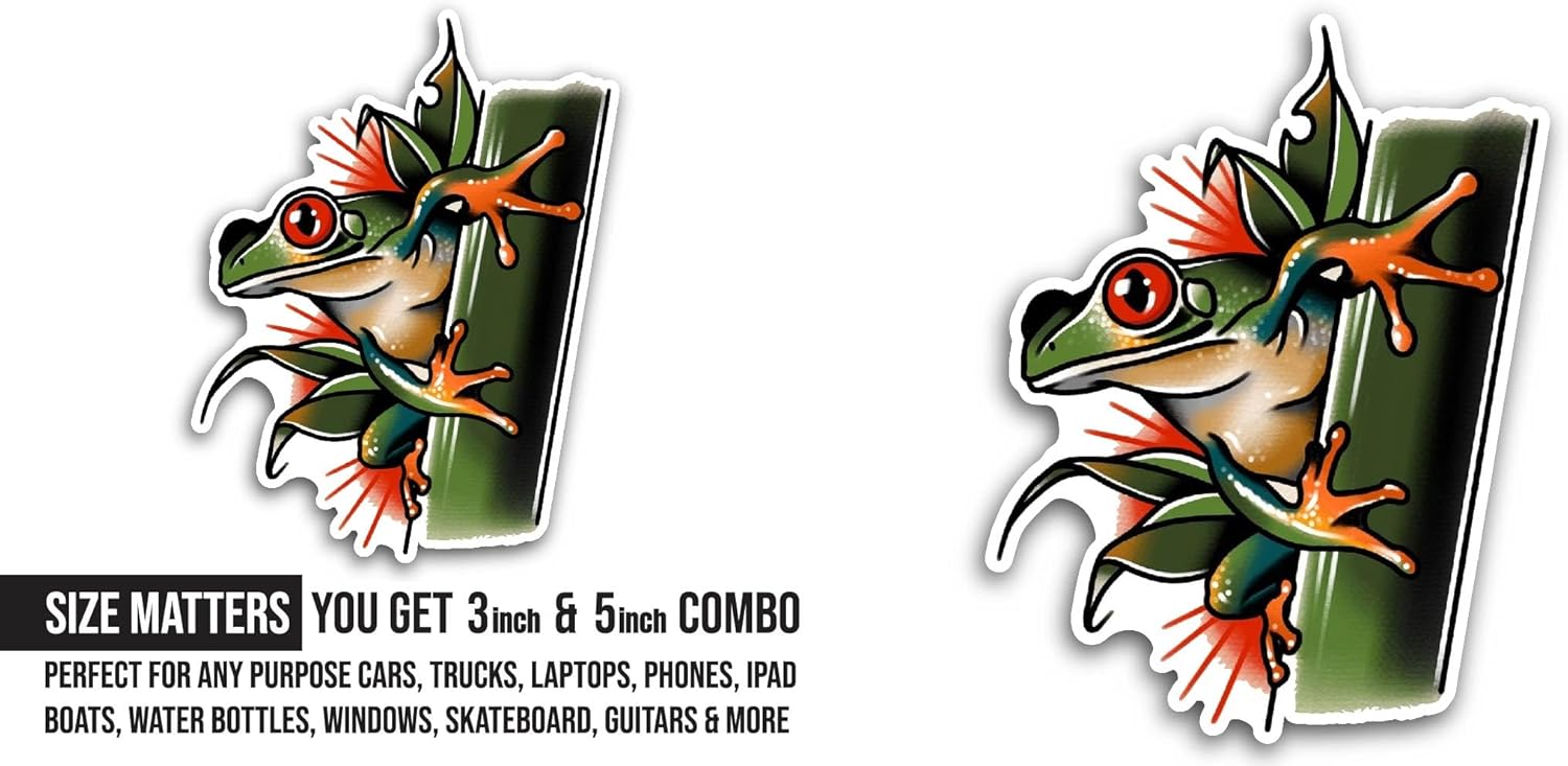 2 (Pieces) 3" and 5" Red Eyed Frog Sticker, Waterproof Vinyl Decals for Many Purpose Like Cars, Trucks, Laptops, Phones, Windows and More