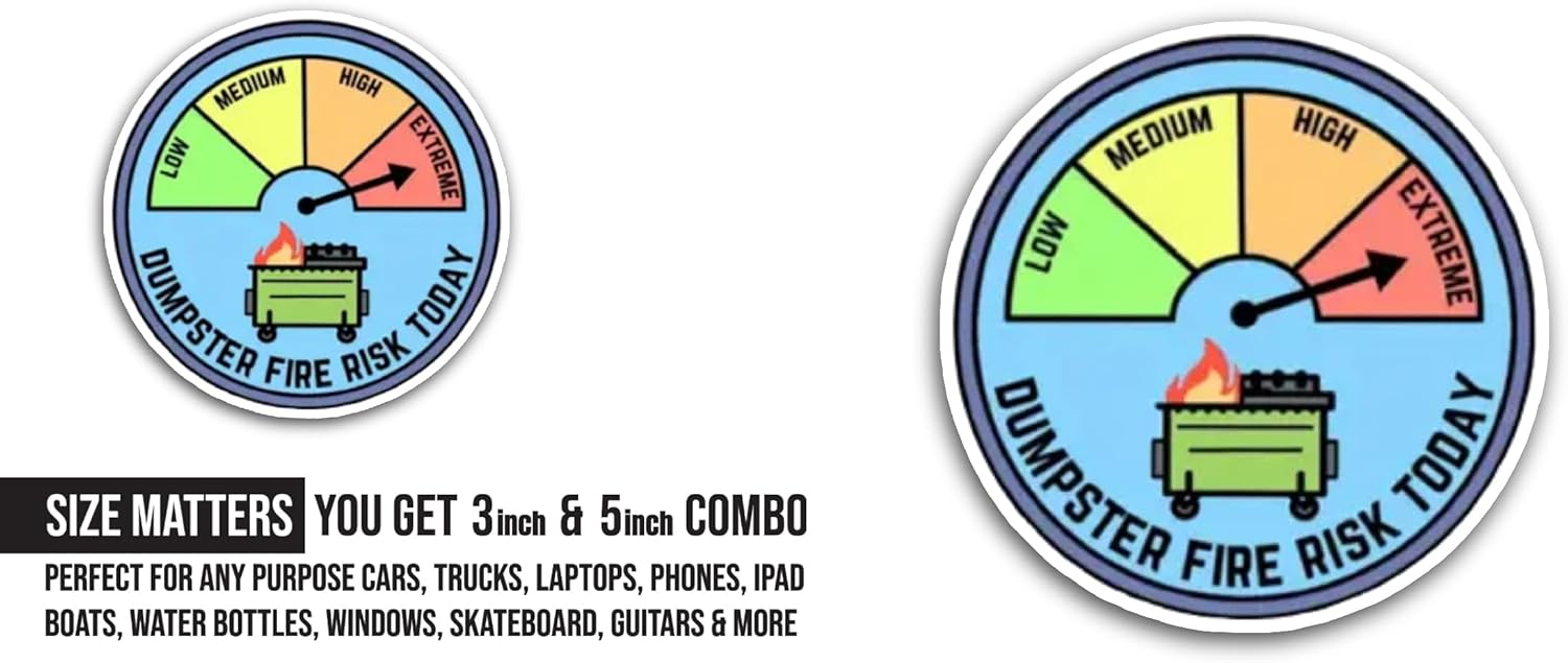 2 (Pieces) 3" and 5" Dumpster Fire Sticker, Waterproof Vinyl Decals for Many Purpose Like Cars, Trucks, Laptops, Phones, Windows and More