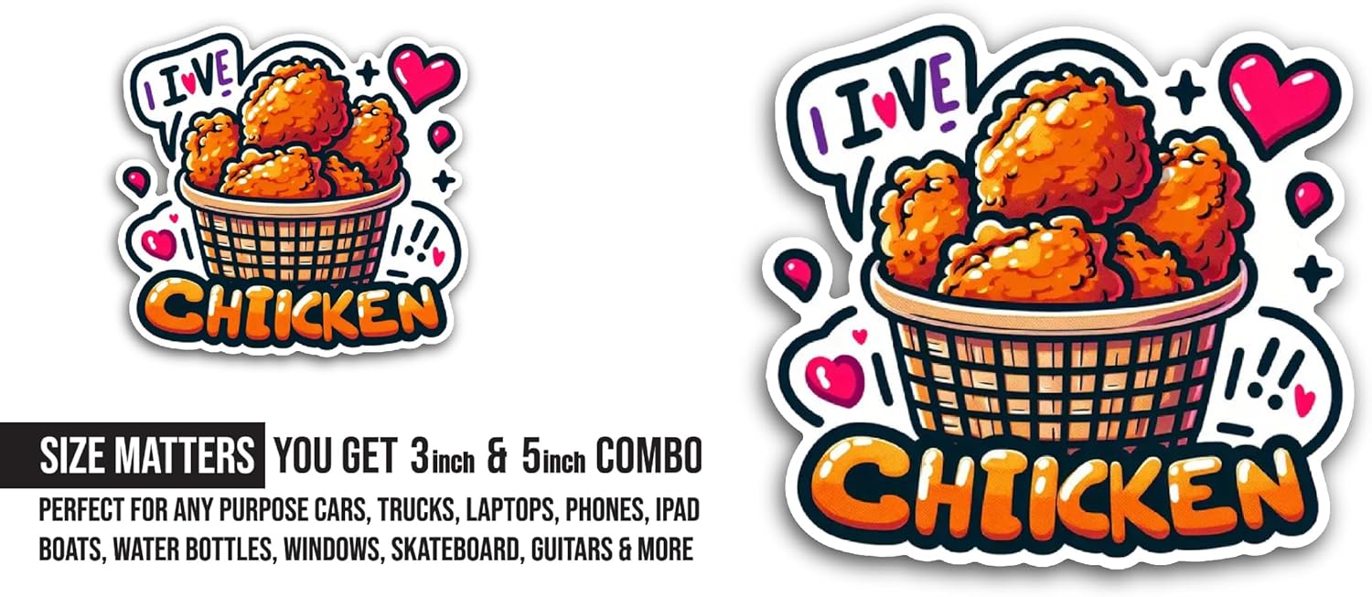2 (Pieces) 3" and 5" Fried Chicken Cartoon Sticker, Waterproof Vinyl Decals for Many Purpose Like Cars, Trucks, Laptops, Phones, Windows and More