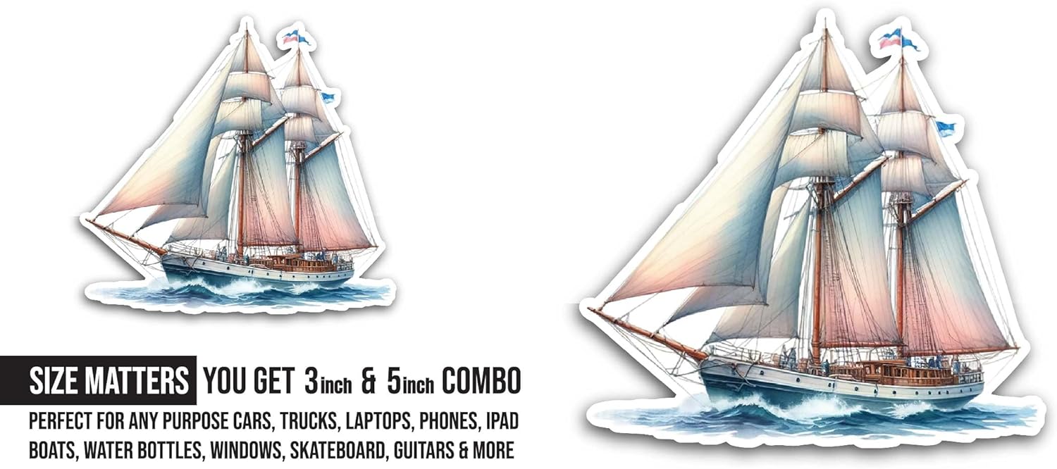 2 (Pieces) 3" and 5" Vintage Sailing Ship Sticker, Waterproof Vinyl Decals for Many Purpose Like Cars, Trucks, Laptops, Phones, Windows and More
