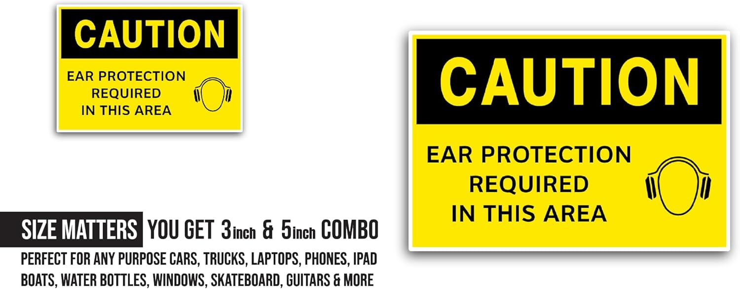 2 (Pieces) 3" and 5" Ear Protection Required Sticker, Waterproof Vinyl Decals for Many Purpose Like Cars, Trucks, Laptops, Phones, Windows and More