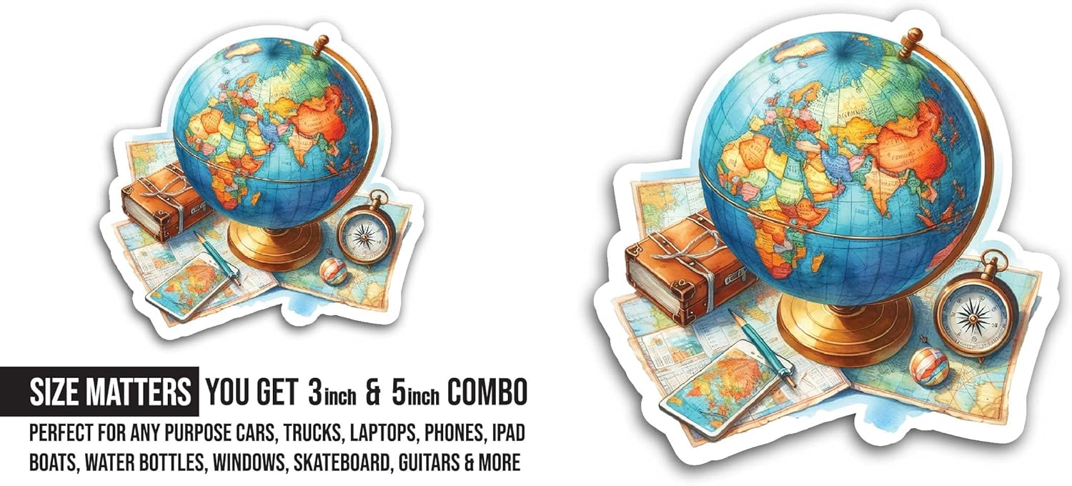 2 (Pieces) 3" and 5" World Globe Sticker, Waterproof Vinyl Decals for Many Purpose Like Cars, Trucks, Laptops, Phones, Windows and More