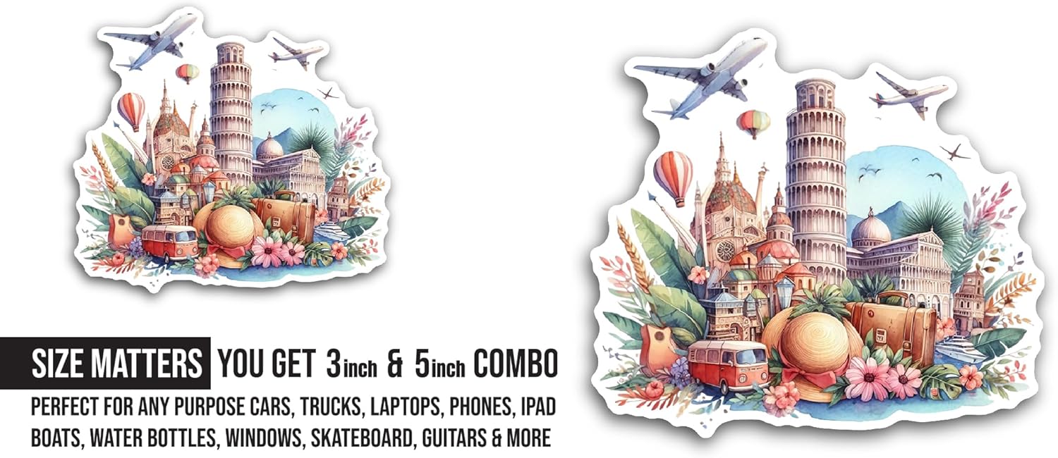 2 (Pieces) 3" and 5" Famous Travel Landmarks Sticker, Waterproof Vinyl Decals for Many Purpose Like Cars, Trucks, Laptops, Phones, Windows and More