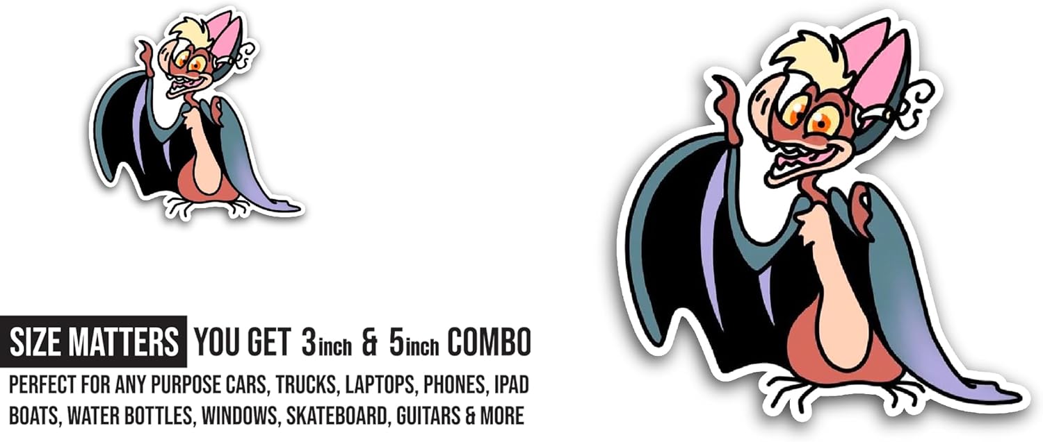 2 (Pieces) 3" and 5" Cartoon Bat Sticker, Waterproof Vinyl Decals for Many Purpose Like Cars, Trucks, Laptops, Phones, Windows and More