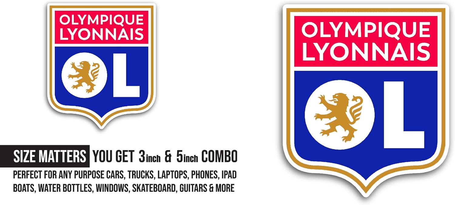2 (Pieces) 3" and 5" Olympique Ly0nnais Sticker, Waterproof Vinyl Decals for Many Purpose Like Cars, Trucks, Laptops, Phones, Windows and More