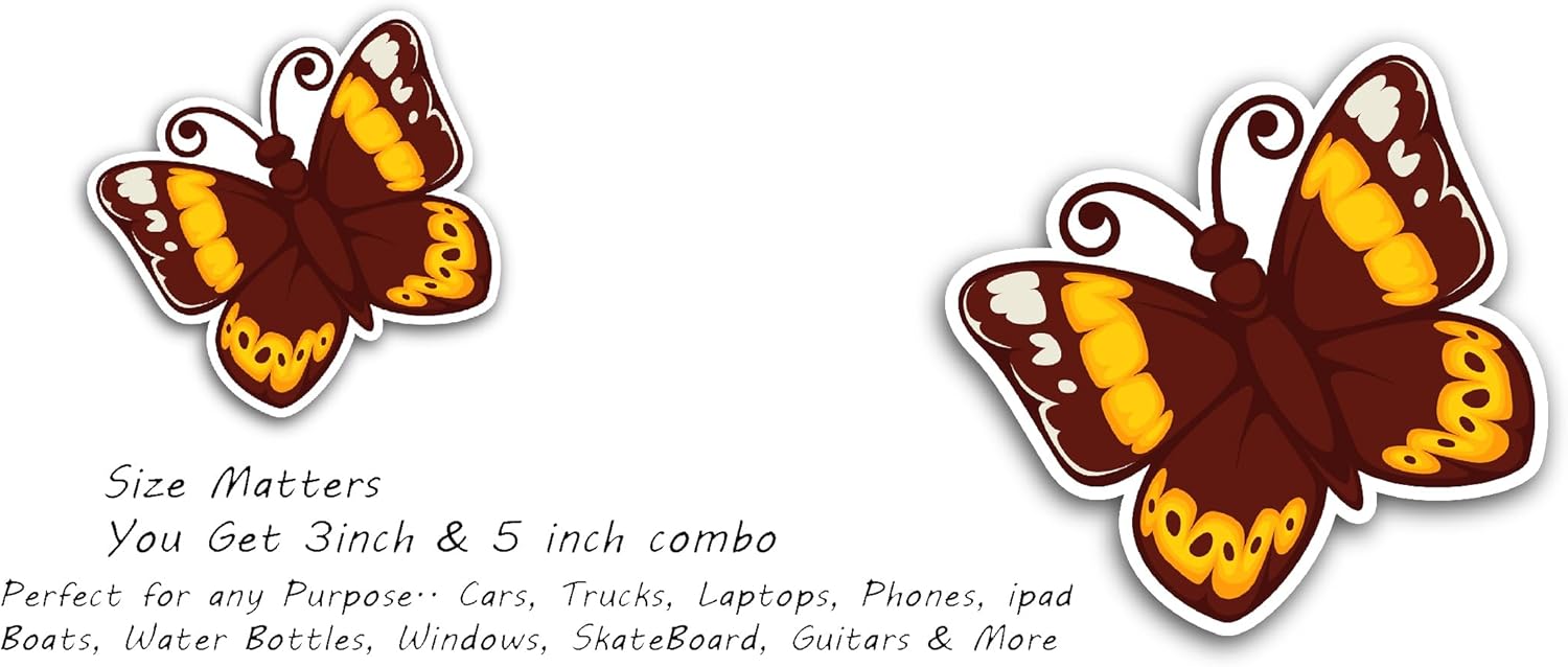 2 (Pieces) 3" and 5" Yellow and Brown Butterfly Sticker, Waterproof Vinyl Decals for Many Purpose Like Cars, Trucks, Laptops, Phones, Windows and More
