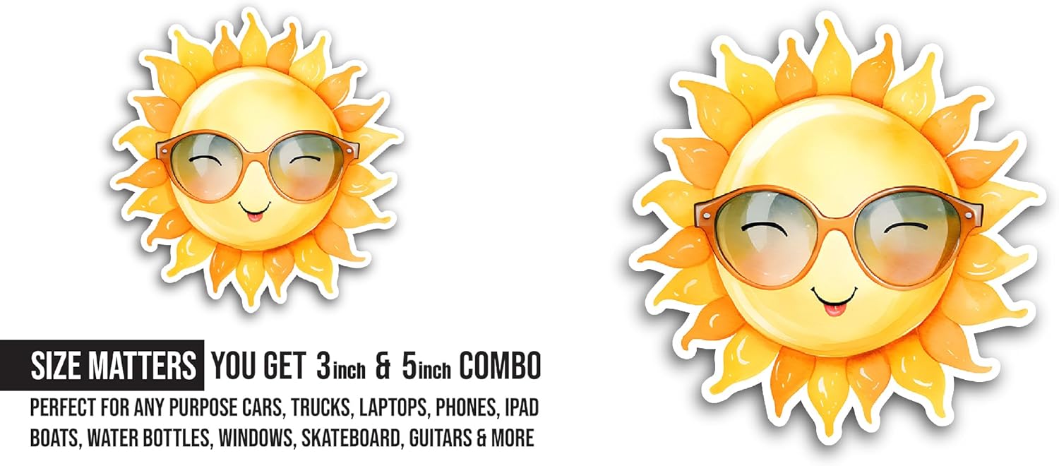 2 (Pieces) 3" and 5" Sun with Sunglasses Sticker, Waterproof Vinyl Decals for Many Purpose Like Cars, Trucks, Laptops, Phones, Windows and More