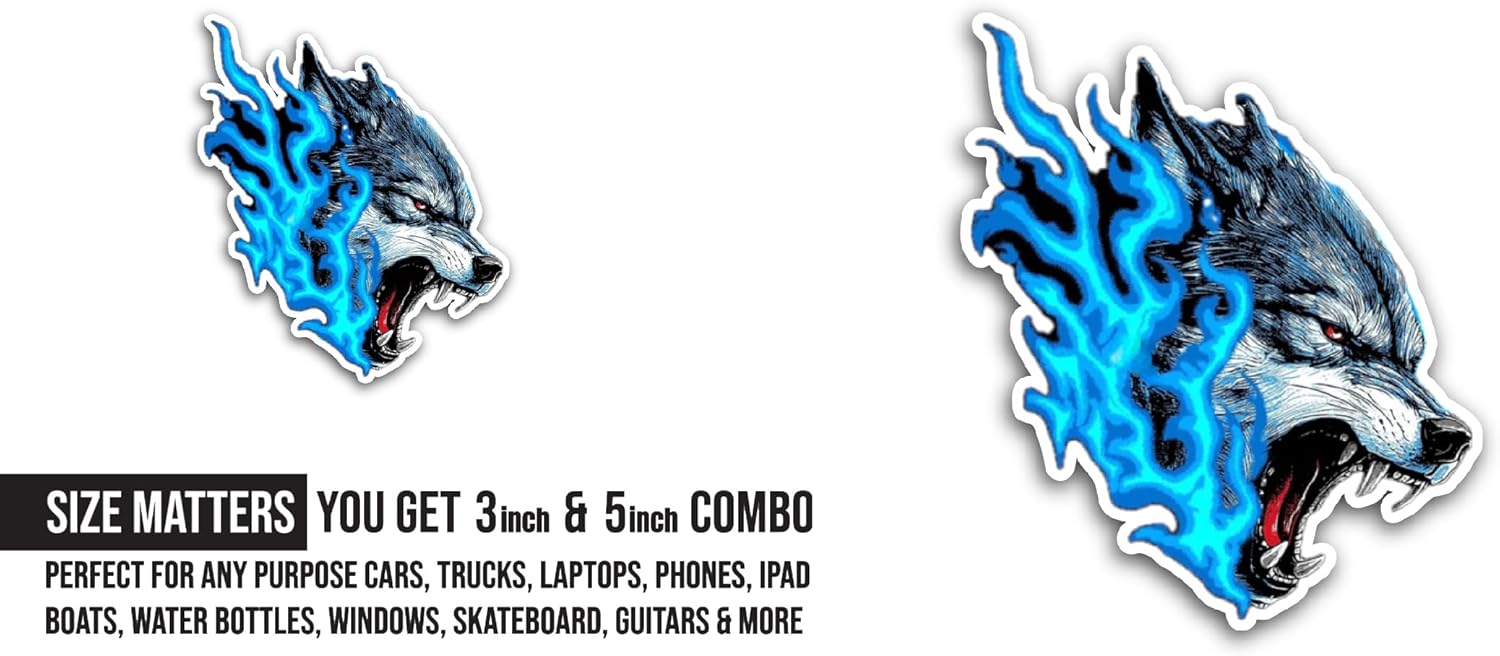 2 (Pieces) 3" and 5" Blue Wolf Sticker, Waterproof Vinyl Decals for Many Purpose Like Cars, Trucks, Laptops, Phones, Windows and More