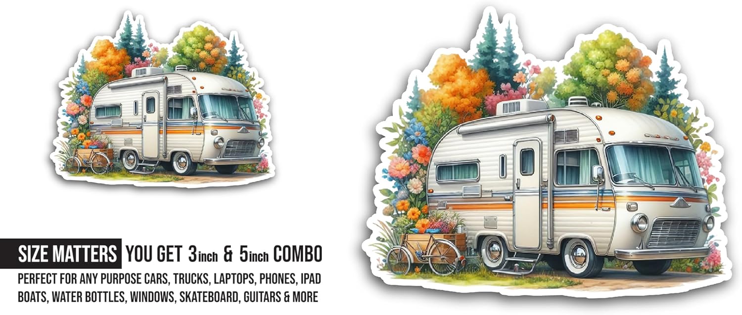 2 (Pieces) 3" and 5" Camping Car with Trees Sticker, Waterproof Vinyl Decals for Many Purpose Like Cars, Trucks, Laptops, Phones, Windows and More