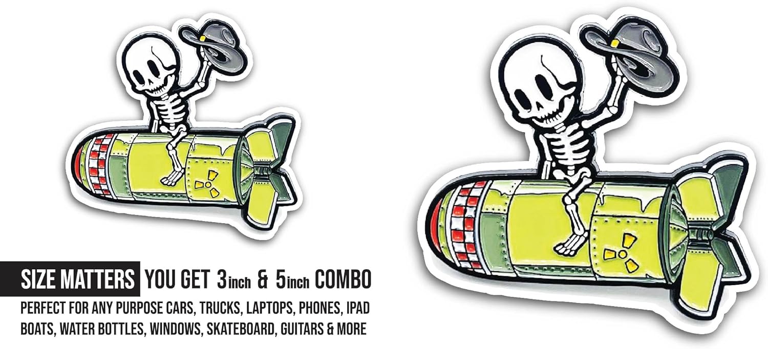 2 (Pieces) 3" and 5" Skeleton Riding Air Bomb Sticker, Waterproof Vinyl Decals for Many Purpose Like Cars, Trucks, Laptops, Phones, Windows and More