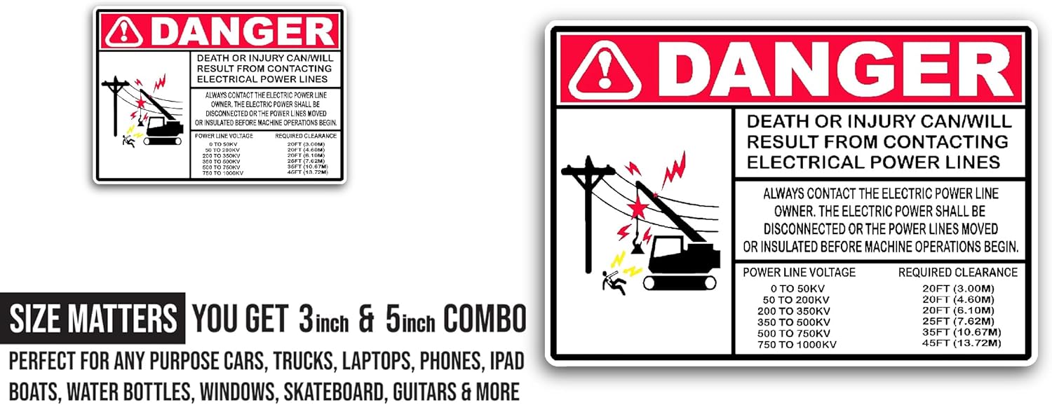 2 (Pieces) 3" and 5" Danger Power Line Sticker, Waterproof Vinyl Decals for Many Purpose Like Cars, Trucks, Laptops, Phones, Windows and More