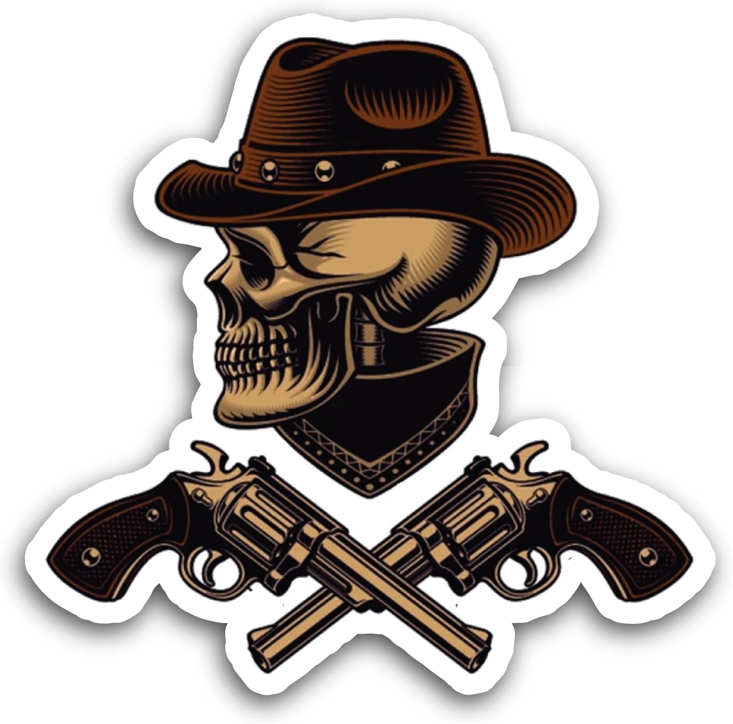 2 (Pieces) 3" and 5" Cowboy Skull with Guns Sticker, Waterproof Vinyl Decals for Many Purpose Like Cars, Trucks, Laptops, Phones, Windows and More