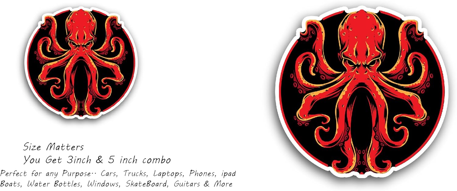 2 (Pieces) 3" and 5" Red Octopus Sticker, Waterproof Vinyl Decals for Many Purpose Like Cars, Trucks, Laptops, Phones, Windows and More