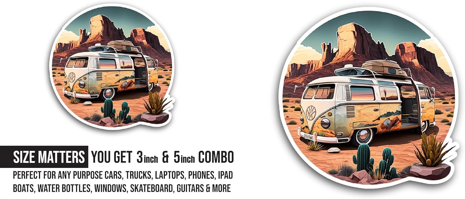 2 (Pieces) 3" and 5" Vintage Van Sticker, Waterproof Vinyl Decals for Many Purpose Like Cars, Trucks, Laptops, Phones, Windows and More